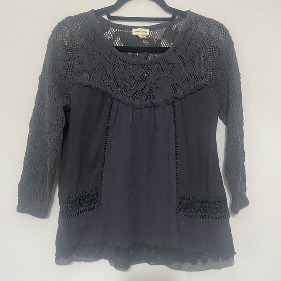 Anthropologie Meadow Rue EUC Tayrona charcoal grey lace boho prairie blouse S - Picture 2 of 5